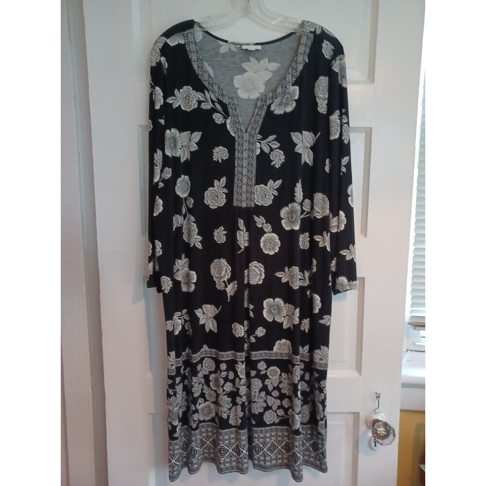 J. Jill black white floral knit shift dress XLTall sleeves stretch comfy classic